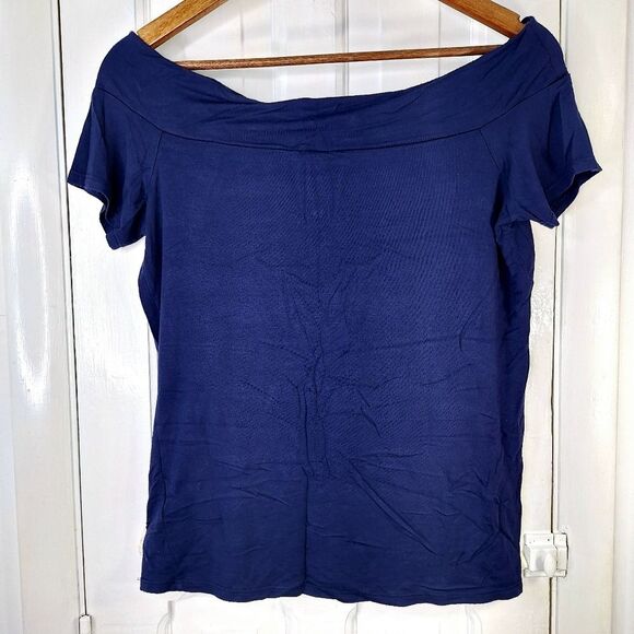 Rock & Republic Navy Blue Off-the-shoulder Peekaboo Short Sleeve Shirt Top Sz M - Picture 5 of 11